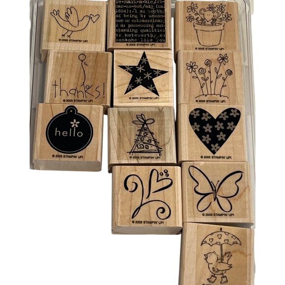 Stampin Up! Merry Mix Rubber Stamp Set - 12 Designs On Wood Blocks - Picture 1 of 3